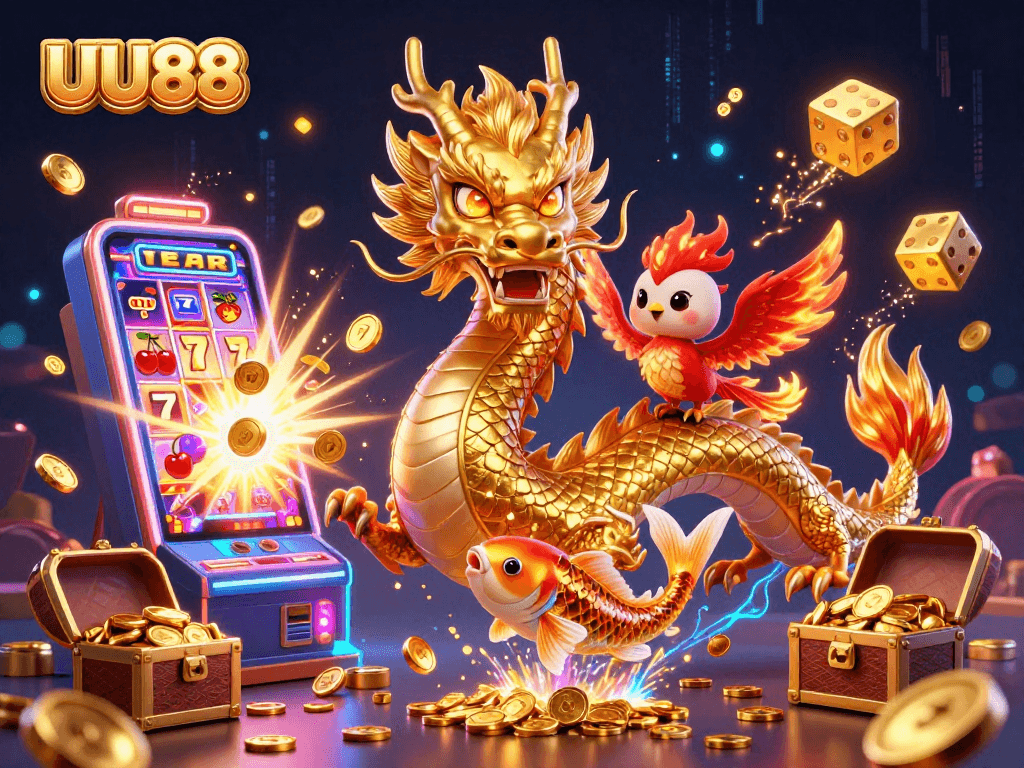 Experience the thrill of UU88 with a vibrant 3D casino scene featuring games, coins, and dynamic characters.