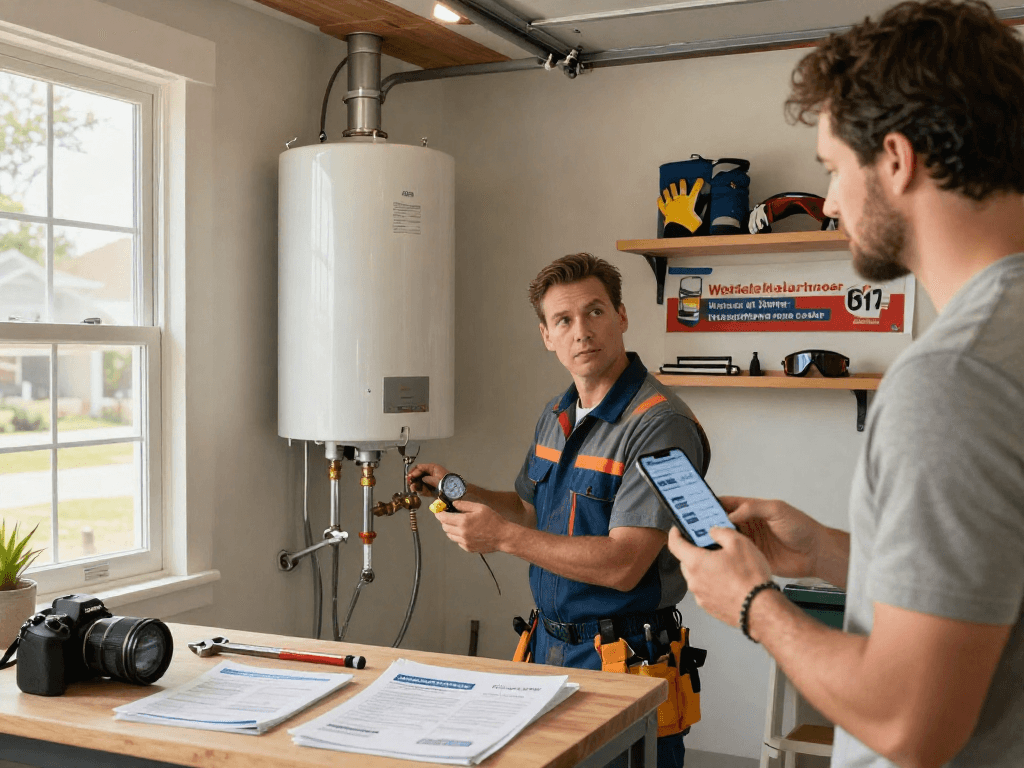 Water heater repair Fort Worth: Professional plumber servicing residential water heater with homeowner present.