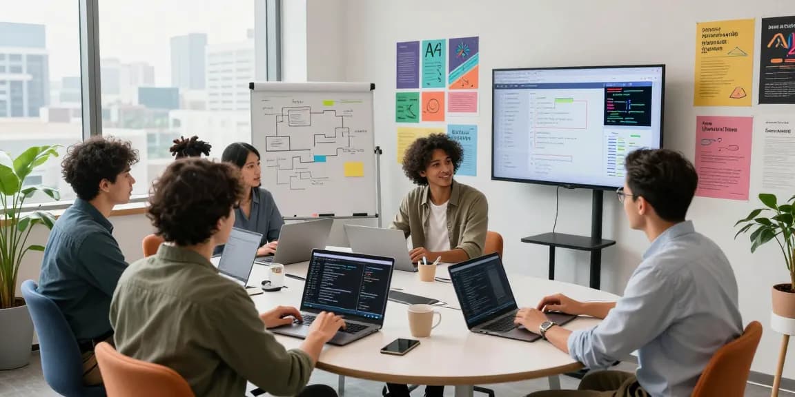 Collaboration scene at AI startups 2026, diverse team brainstorming with laptops and coding displays.