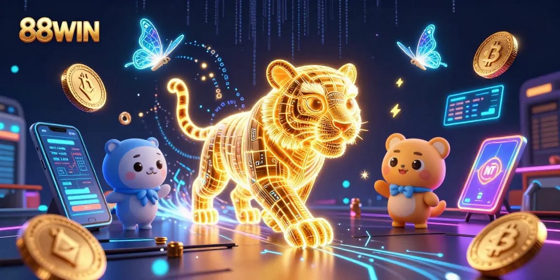 Experience thrilling gameplay at 88WIN casino with vibrant digital elements in a dynamic 3D scene.