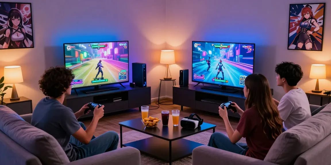 Friends enjoying thrilling hentai games in a cozy gaming lounge.