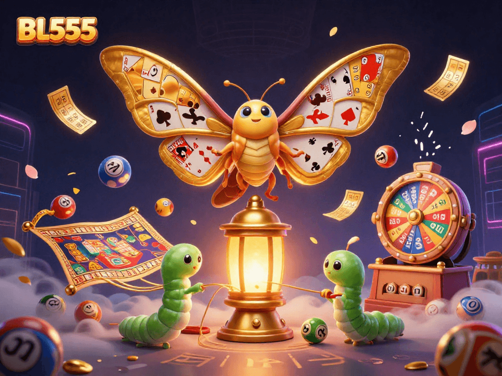 Experience the excitement at BL555 with a stunning 3D illustration of a moth and casino elements.