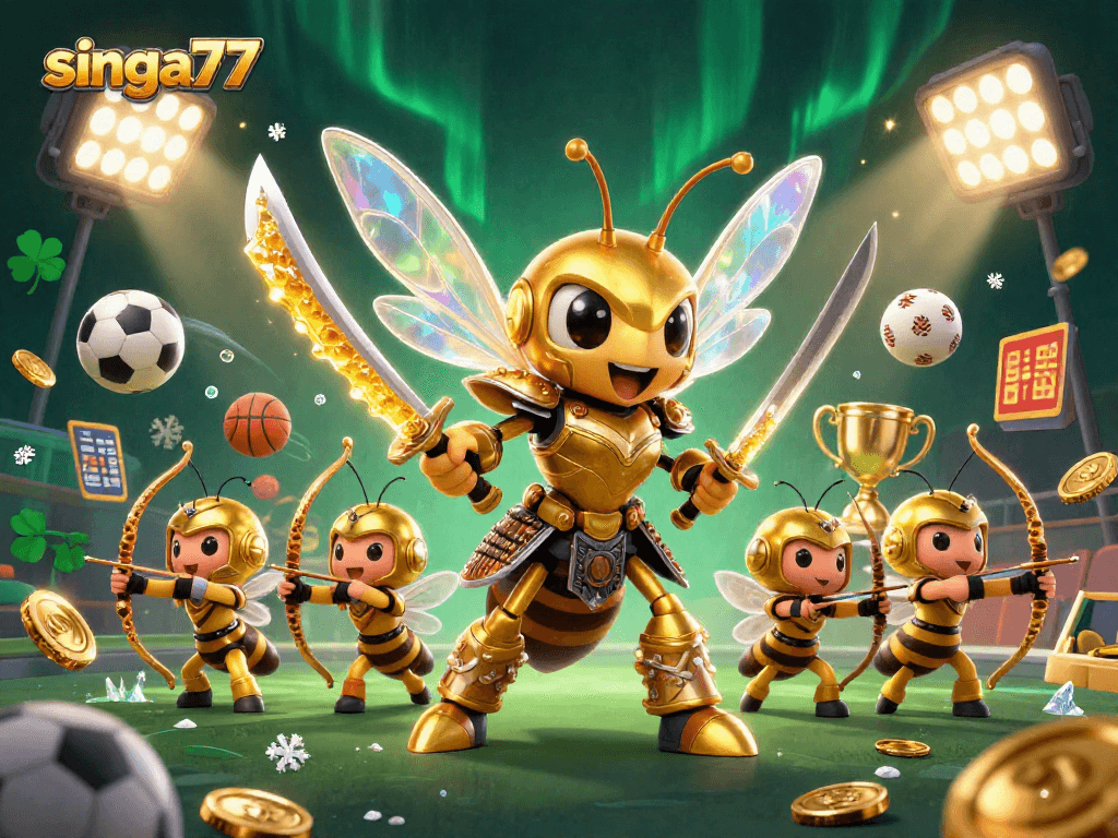 Singa77 showcases a dynamic 3D illustration of a golden hornet samurai amidst sports elements, capturing the thrill of gambling.