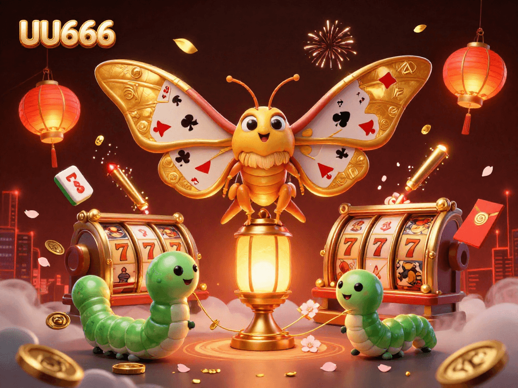 Experience thrilling wins with UU666's 3D illustration featuring a majestic atlas moth and vibrant casino elements.