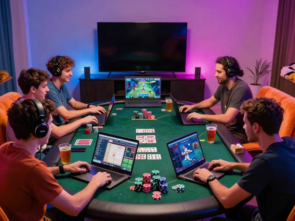 Group of friends enjoying online gaming at the best casinos not on gamstop.