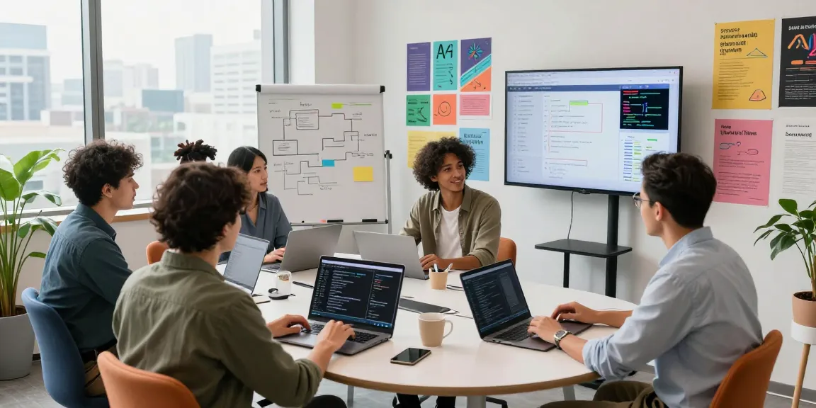 Collaboration scene at AI startups 2026, diverse team brainstorming with laptops and coding displays.