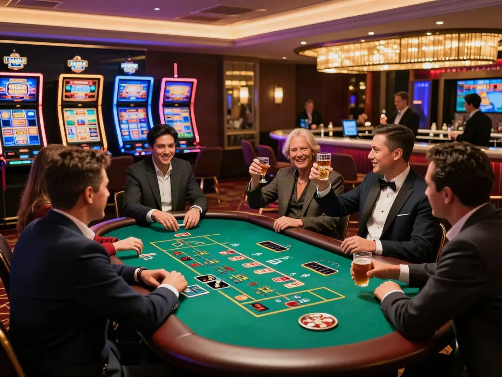 Dynamic scene at one of the best casinos not on GamStop, showcasing vibrant gaming tables and players celebrating wins.