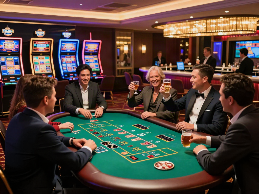 Dynamic scene at one of the best casinos not on GamStop, showcasing vibrant gaming tables and players celebrating wins.