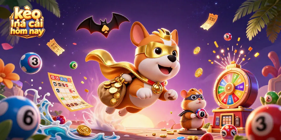 Discover kèo nhà cái hôm nay with a playful scene featuring a superhero dog flying with gold coins, enhancing your betting experience.
