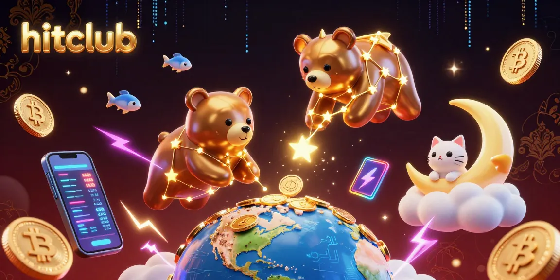 Engage with hitclub and win coins as the constellation bear reaches down, surrounded by vibrant casino elements.