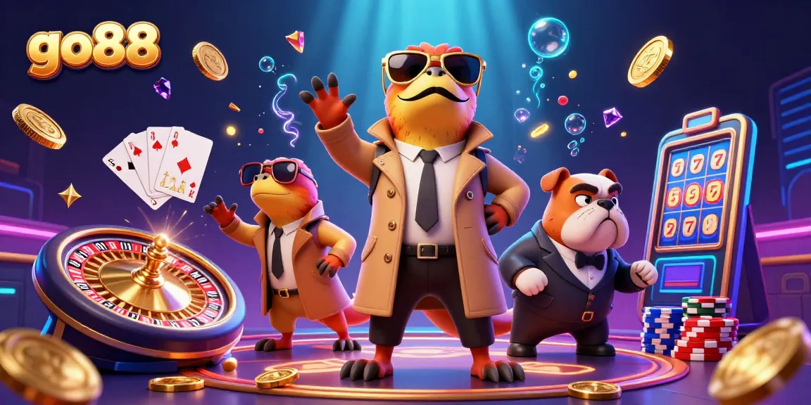 Engage with go88 at this exciting 3D casino scene featuring playful rapors and vibrant gaming elements.