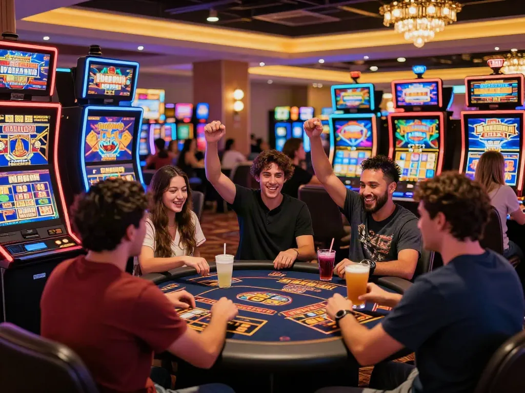 Players celebrating at the best casinos not on GamStop in a vibrant casino environment.