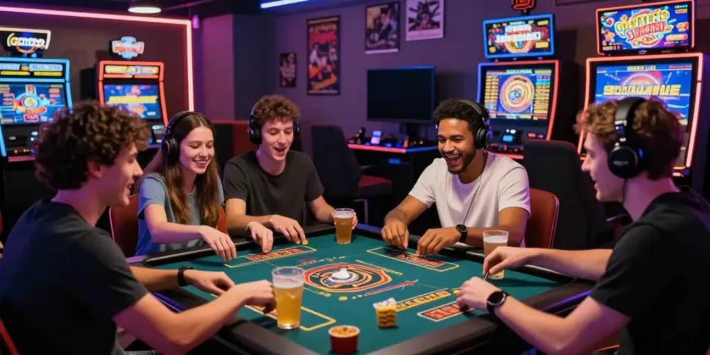 Friends celebrating at the best casinos not on gamstop in a vibrant gaming lounge.