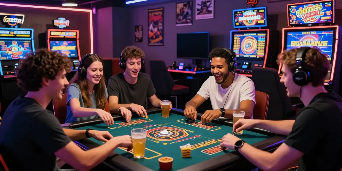 Friends celebrating at the best casinos not on gamstop in a vibrant gaming lounge.