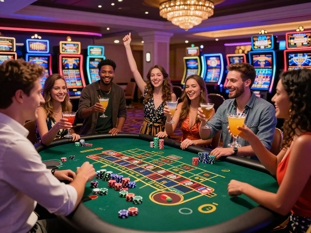 Friends enjoying a celebration at the best casinos not on gamstop, vibrant roulette table scene.