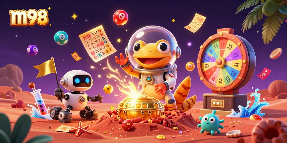 Engage with m98 gaming action featuring a cartoon Martian gecko in a golden casino environment.