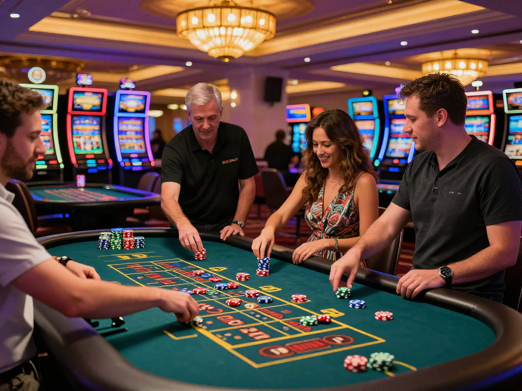 Players enjoying the best casinos not on gamstop at a roulette table, vivid casino atmosphere.