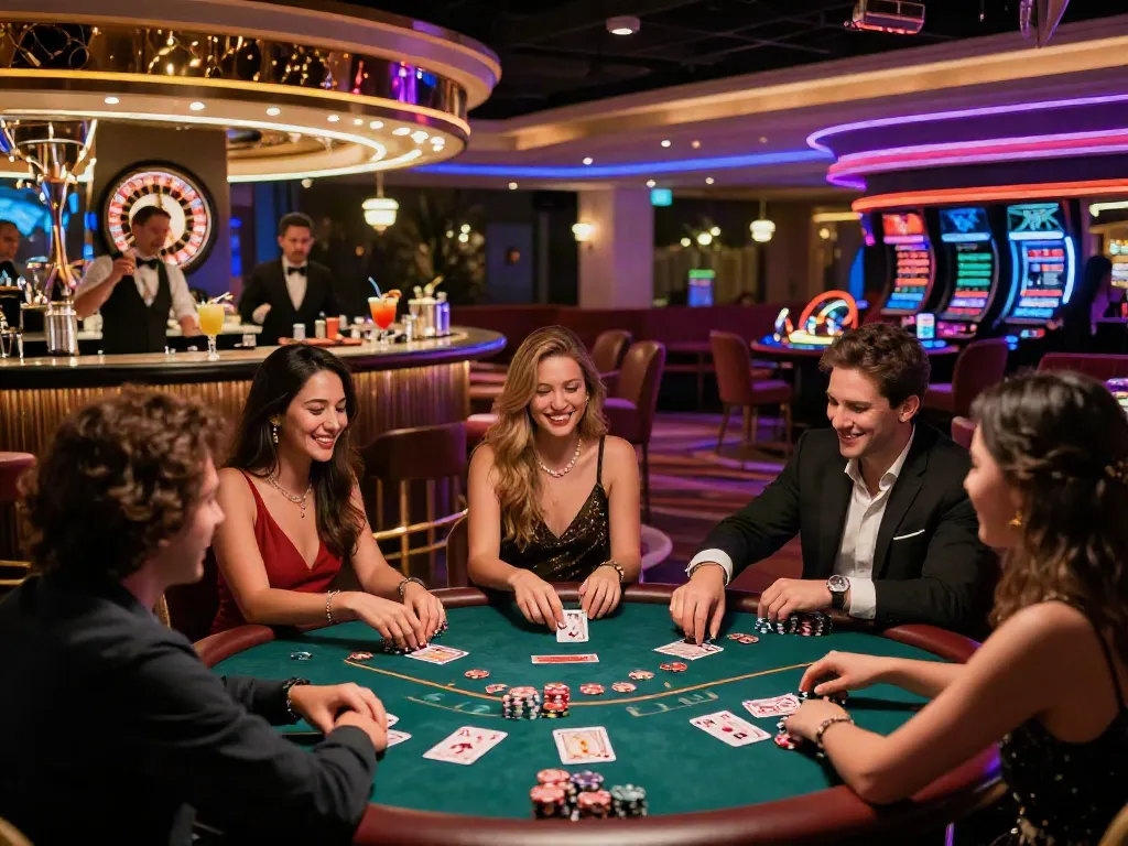Vibrant casino scene illustrating fun at the best casinos not on gamstop with friends at a poker table.