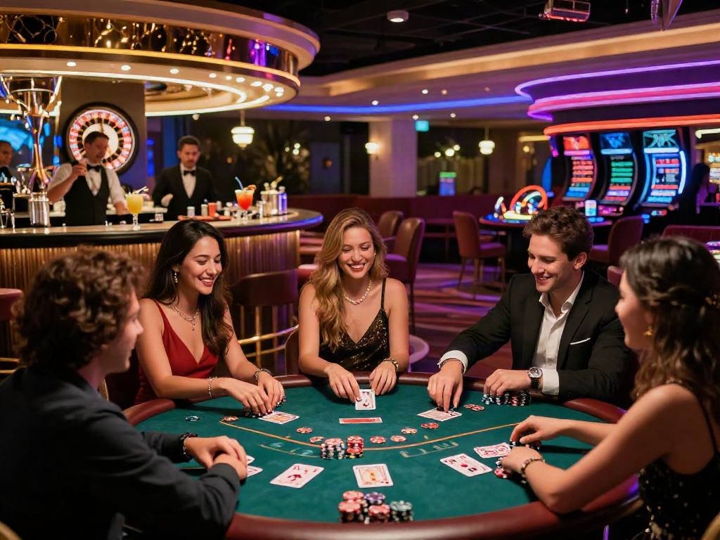Vibrant casino scene illustrating fun at the best casinos not on gamstop with friends at a poker table.