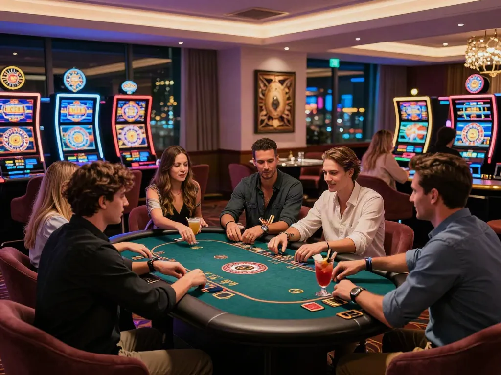 Best casinos not on gamstop featuring a vibrant gaming room filled with friends enjoying various casino games.