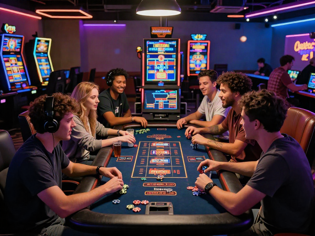 Group enjoying the best casinos not on gamstop experience with neon lights and vibrant atmosphere.