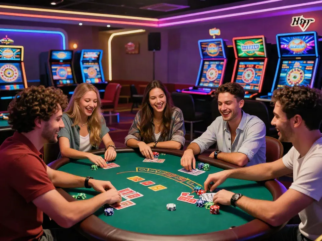 Friends enjoying a lively gaming night at the best casinos not on gamstop, surrounded by vibrant lights and gaming tables.