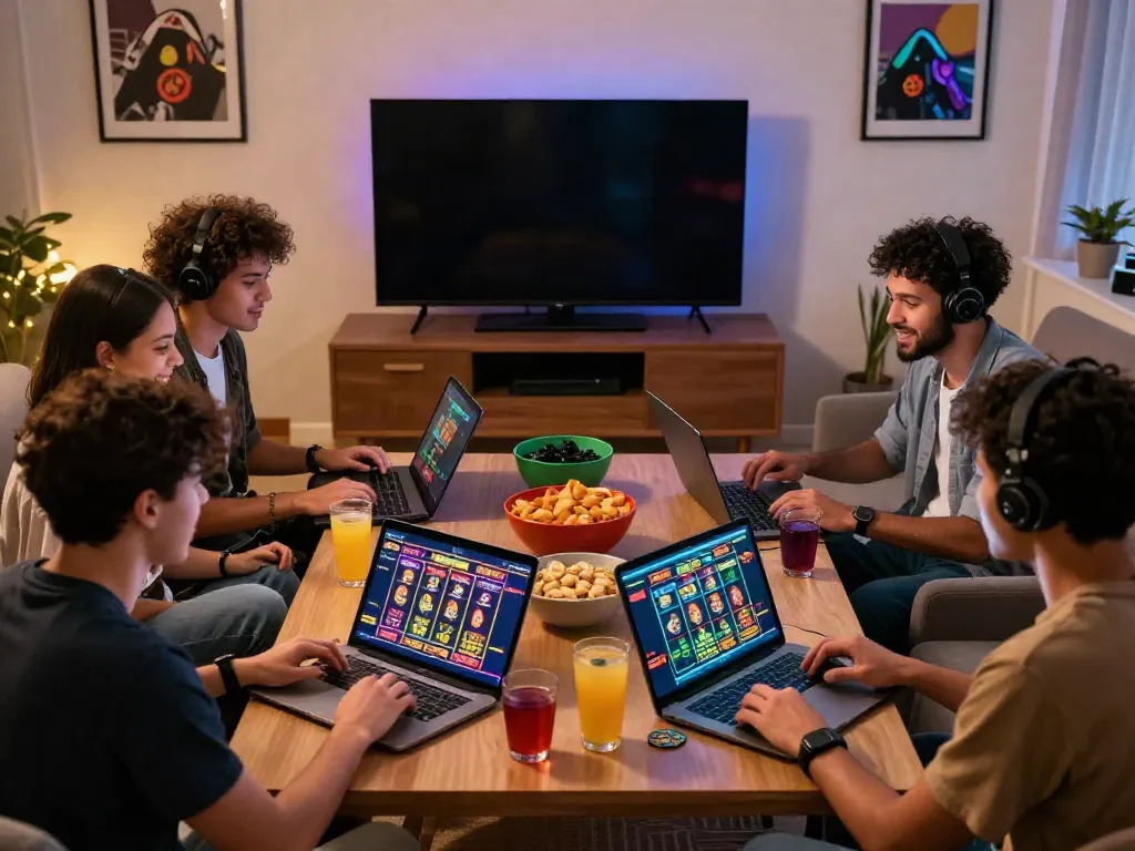 Friends enjoying the best casinos not on gamstop while gaming in a cozy living room.