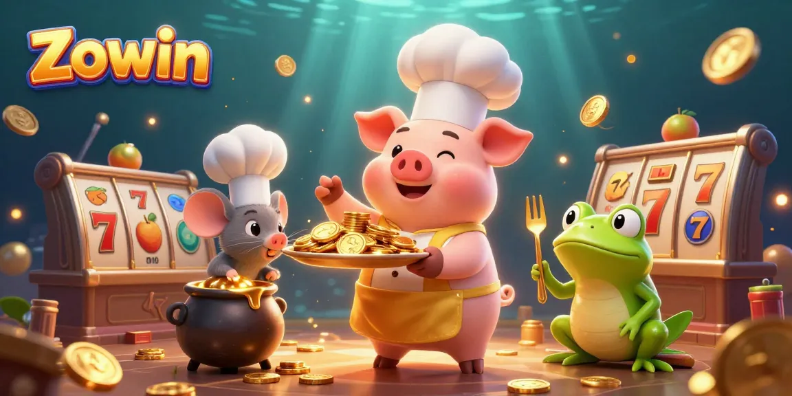 Zowin's expert chef pig serves gold coin delicacies alongside game elements in a vibrant casino scene.