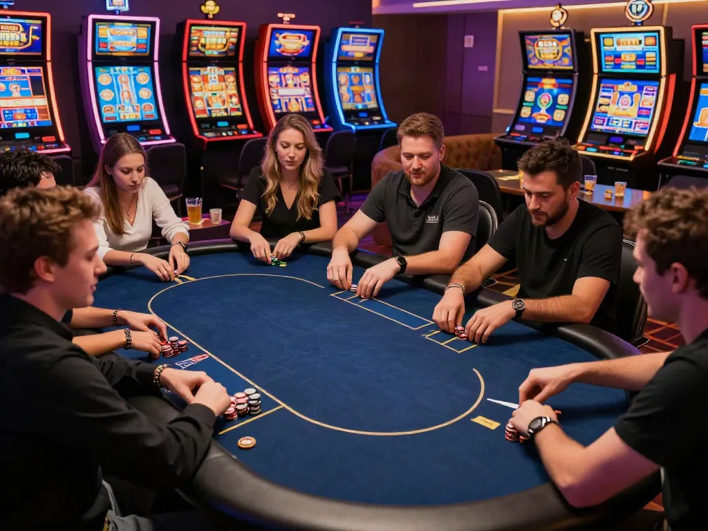 Online players enjoying the best casinos not on gamstop in a virtual casino setting with bright lights.