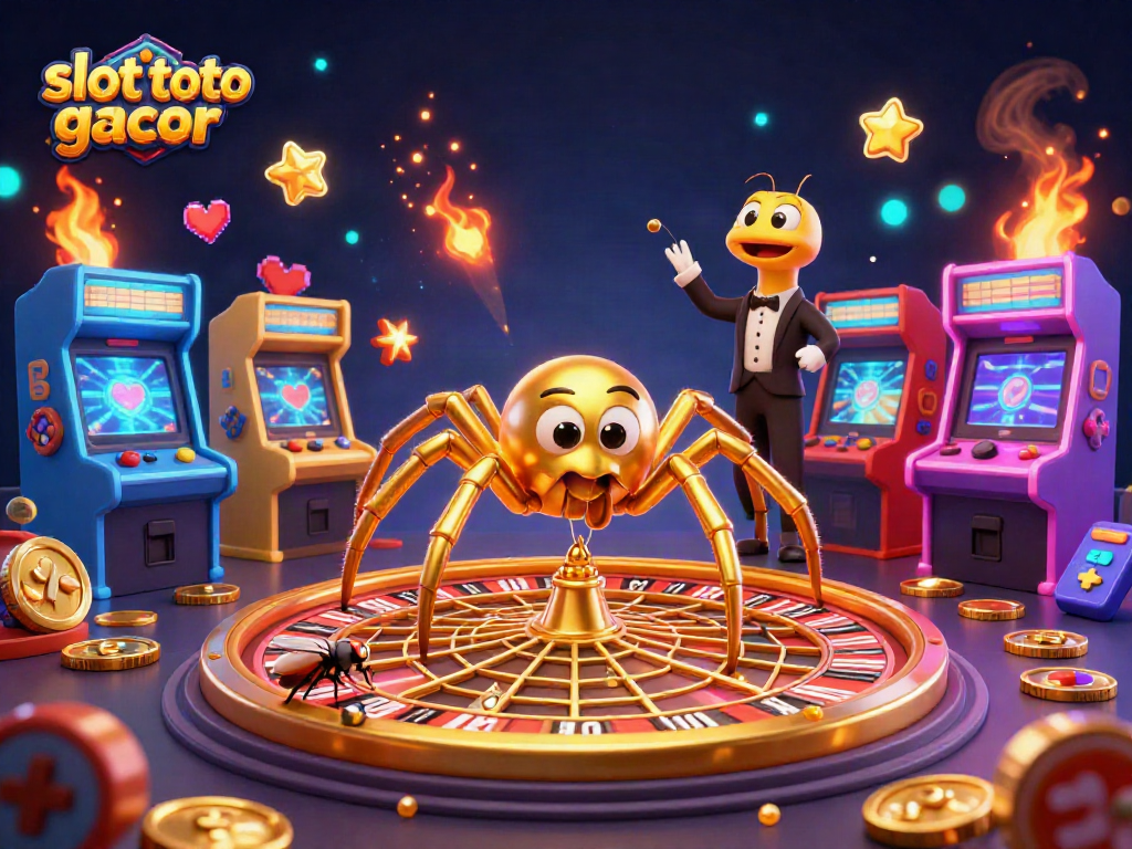 Engage in thrilling "slot toto gacor" gameplay with a whimsical 3D casino scene featuring vibrant characters and game elements.