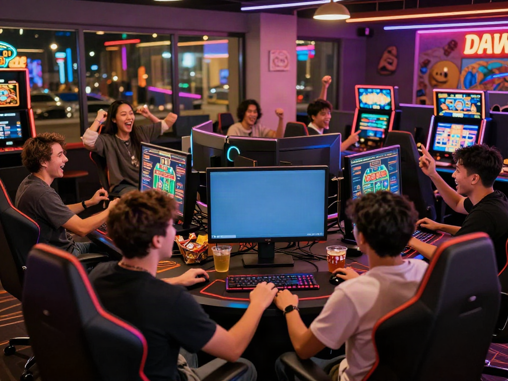 Exciting gaming lounge scene showcasing the best casinos not on GamStop with friends enjoying vibrant casino games.