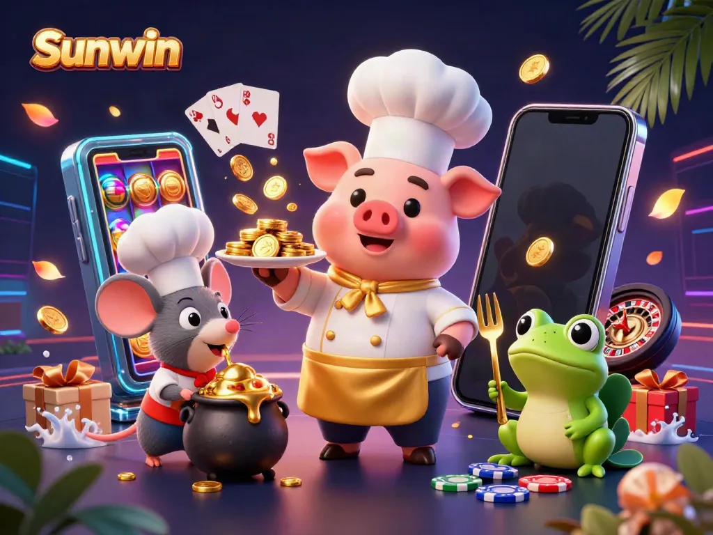 Sunwin casino scene featuring a whimsical chef pig, sous-chef mouse, and food critic frog, rich in gold coins and playful gambling elements.
