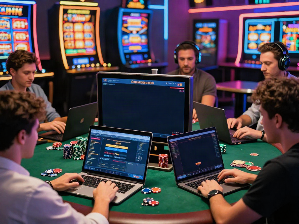 Experience the excitement of the best casinos not on GamStop with diverse players enjoying games on digital devices in a vibrant setting.