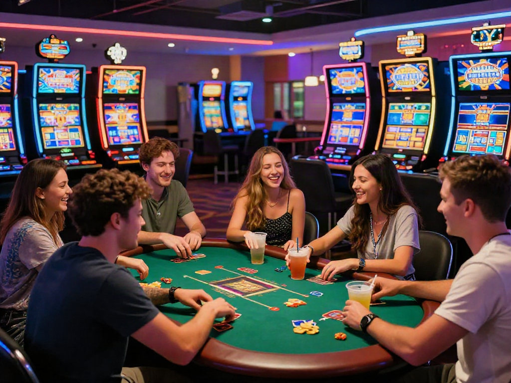 Friends enjoying games at the best casinos not on gamstop, vibrant and lively atmosphere.