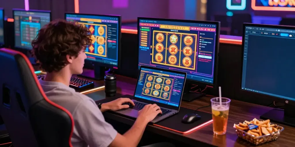 Engaging online gaming atmosphere showcasing best casinos not on GamStop with vibrant computer interface and relaxed player.