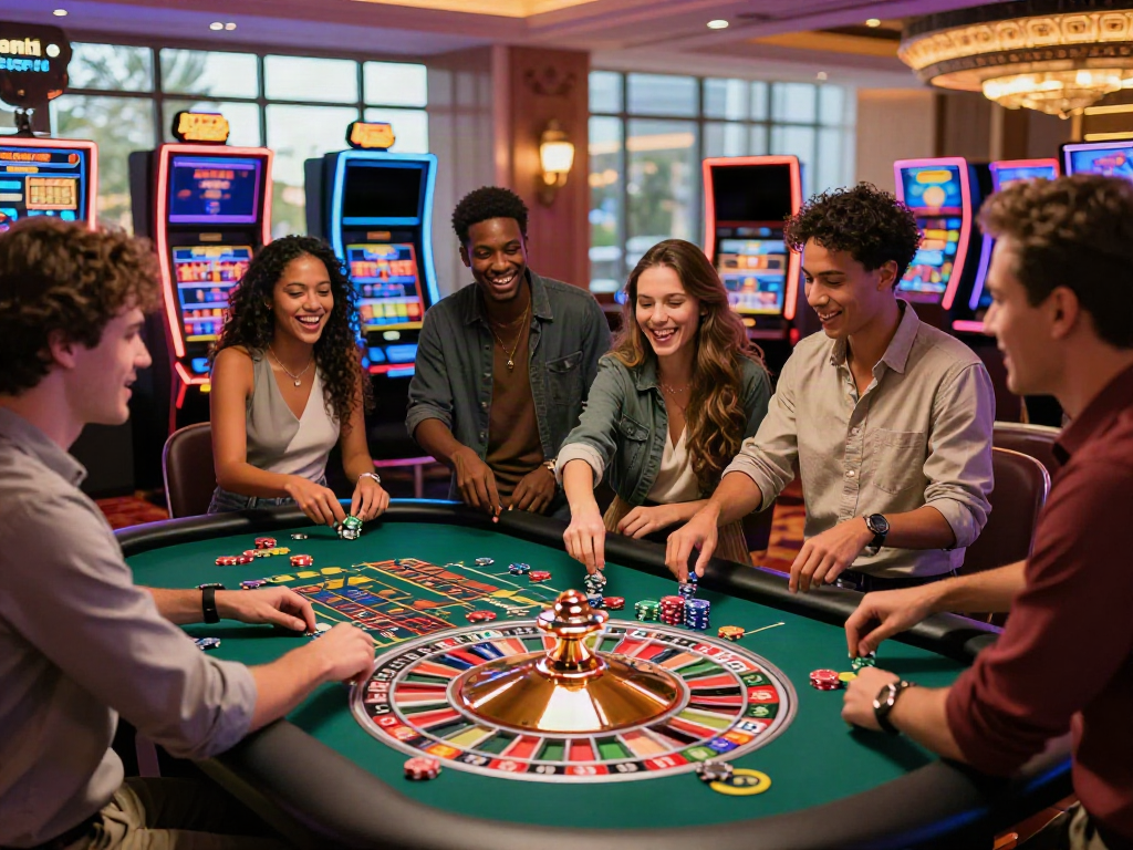 Excited friends celebrating at roulette table in vibrant casino, showcasing best casinos not on gamstop.