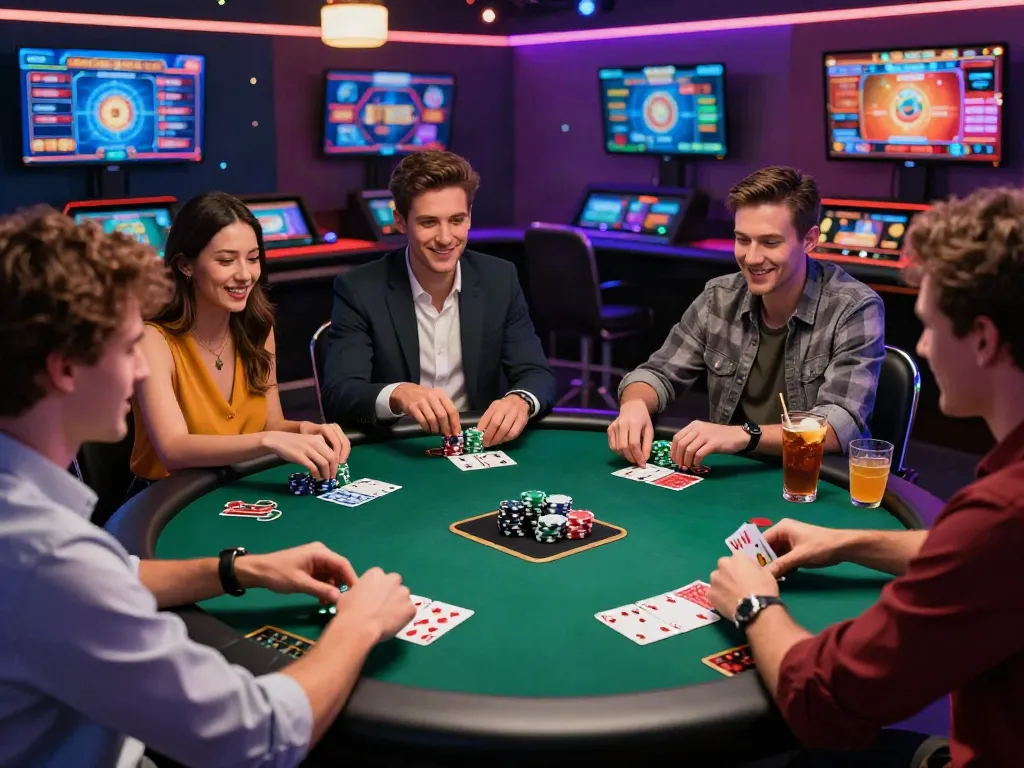 Friends gaming at the best casinos not on gamstop, vibrant atmosphere, poker chips and cards.