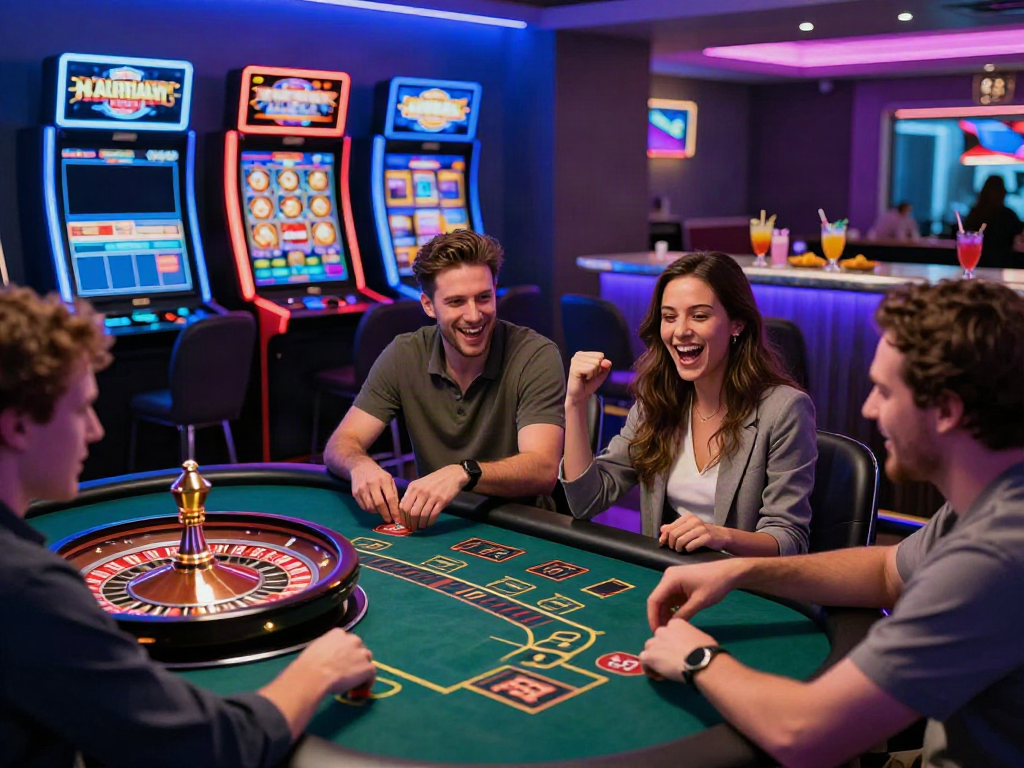 Exciting moment at the best casinos not on GamStop, showcasing diverse players enjoying roulette and blackjack.