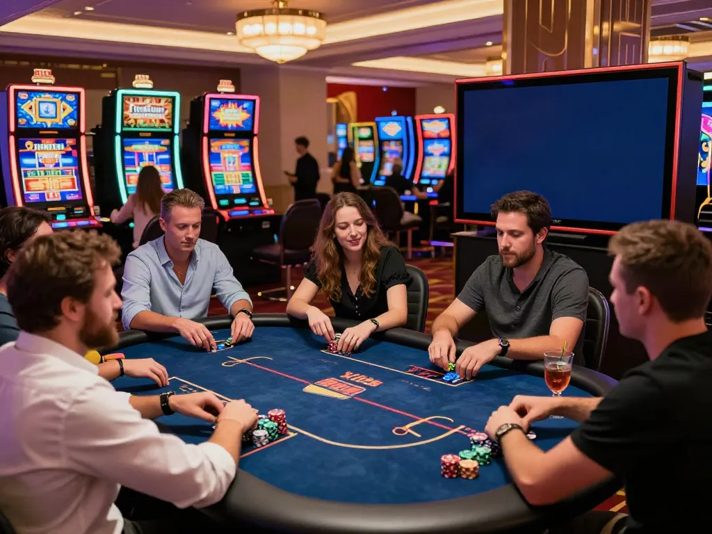 Experience the excitement of the best casinos not on GamStop with players engaging in poker and vibrant slot machines.