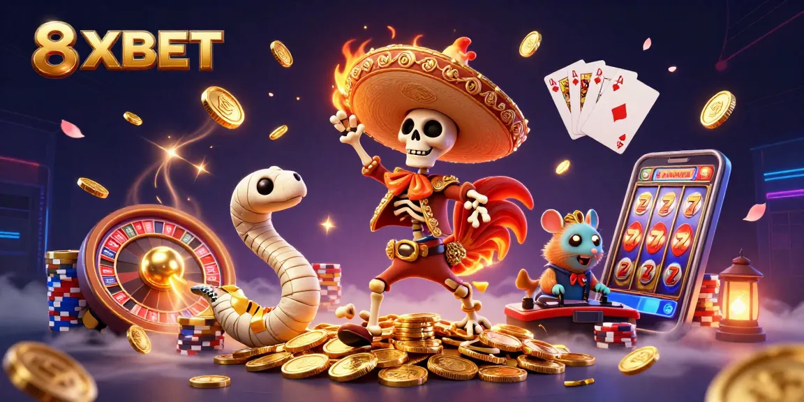 Experience the excitement of 8XBET with a vibrant 3D casino illustration showing a cartoon rooster and more amidst coins and gems.