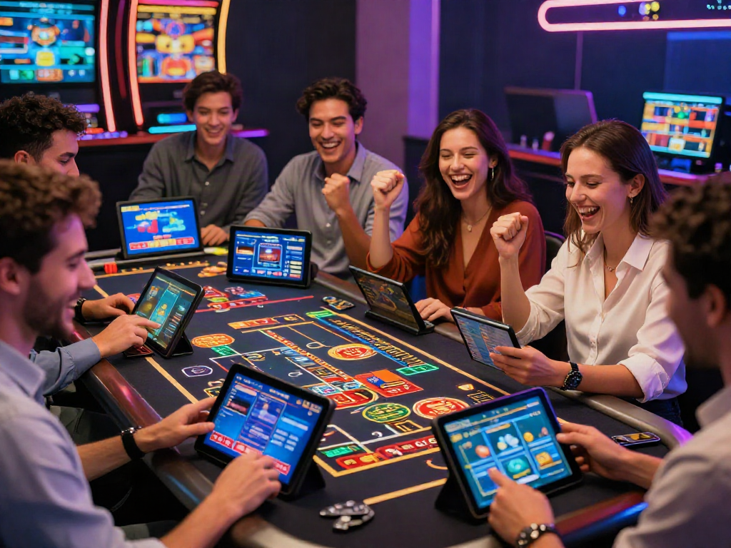 Engaging scene at vibrant credit card casinos UK, showcasing diverse players enjoying various games.