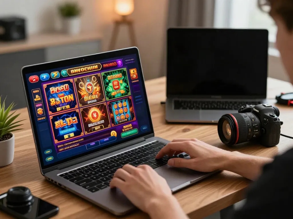 Best casinos not on GamStop scene featuring a player engaged with vibrant online casino games.