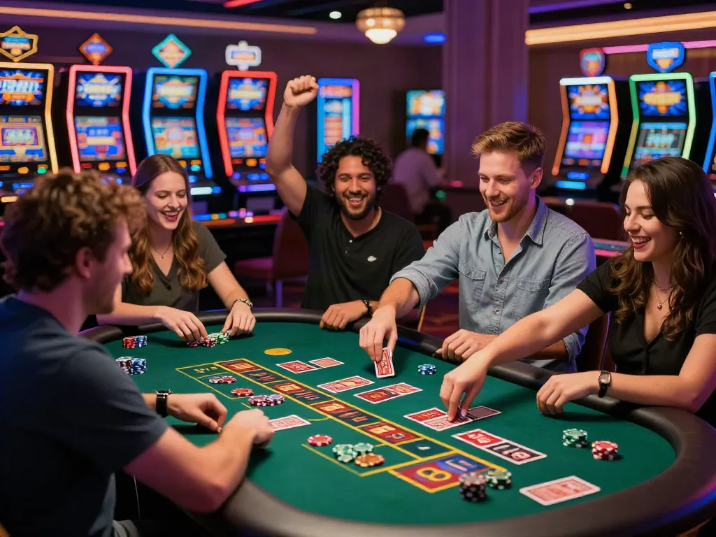 Dynamic gaming scene showcasing the best casinos not on GamStop with excited players celebrating a win.