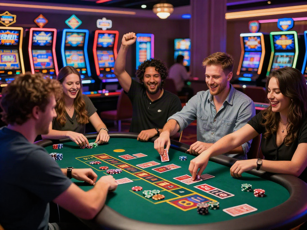 Dynamic gaming scene showcasing the best casinos not on GamStop with excited players celebrating a win.