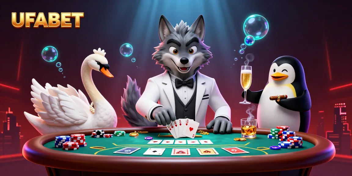 Experience UFABET's thrilling baccarat scene with a debonair wolf and elegant characters serving up the finest casino action.