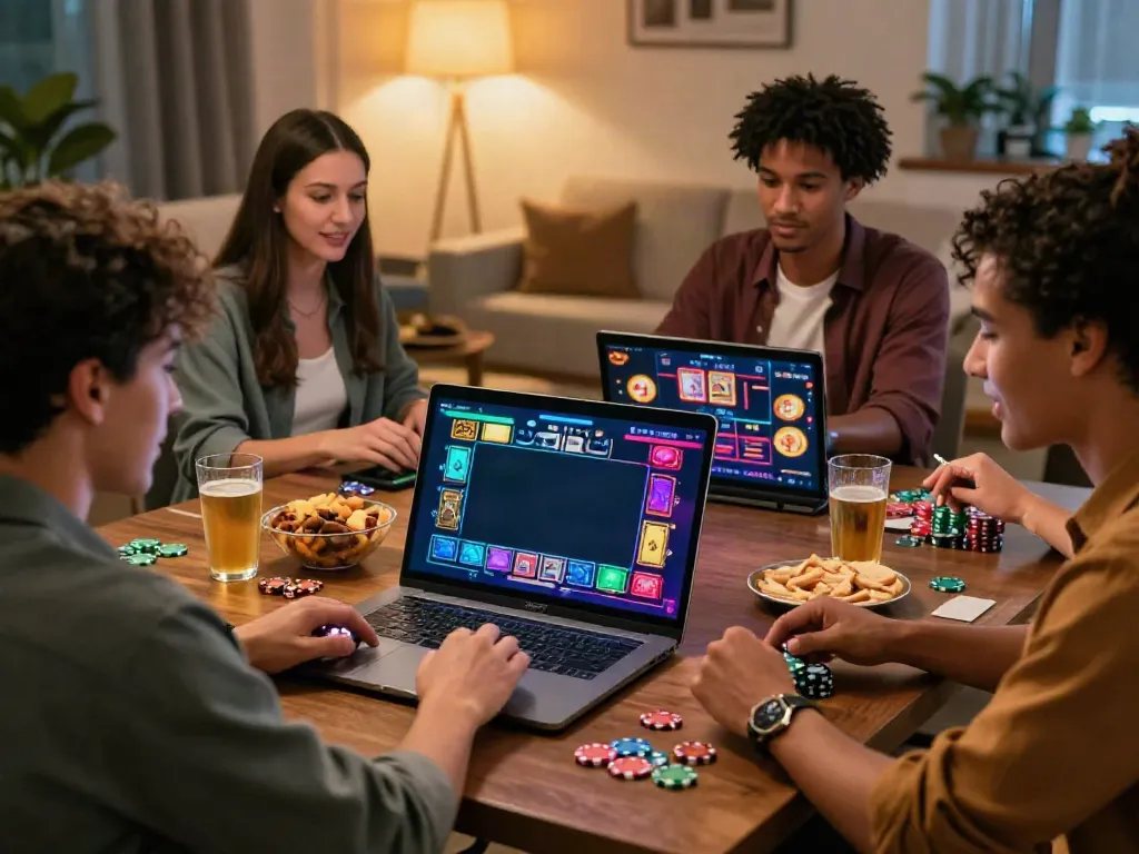 Group enjoying the best casinos not on gamstop playing live dealer games in a cozy living room setting.