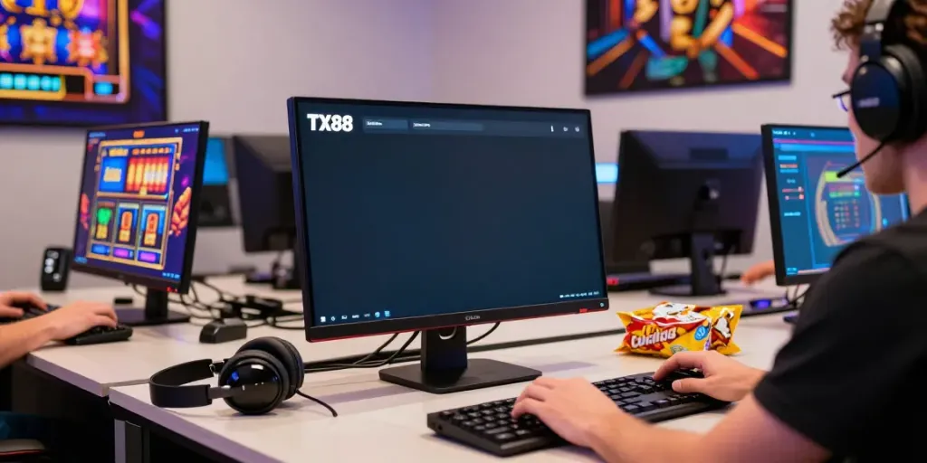 Engaging online gaming scene featuring the trang chủ tx88 interface on a computer screen with vibrant slot games.
