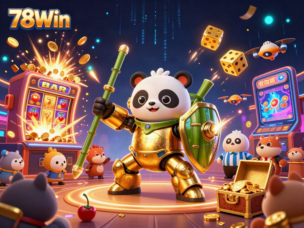 Engage in thrilling gameplay at 78Win with an energized scene depicting a panda in mech-suit surrounded by vibrant casino elements.