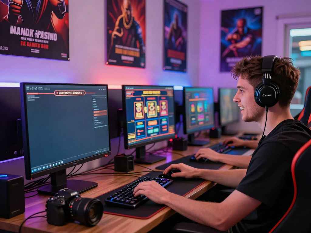 Player enjoying games at the best casinos not on GamStop in a vibrant home gaming setup.