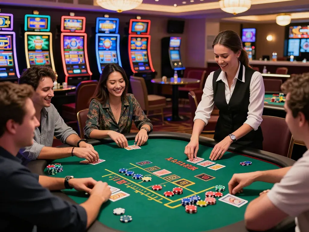 Group of players enjoying the best casinos not on gamstop at a vibrant blackjack table.
